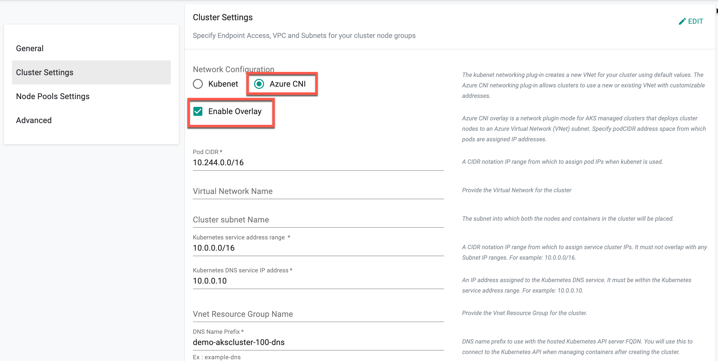 Azure CNI Settings