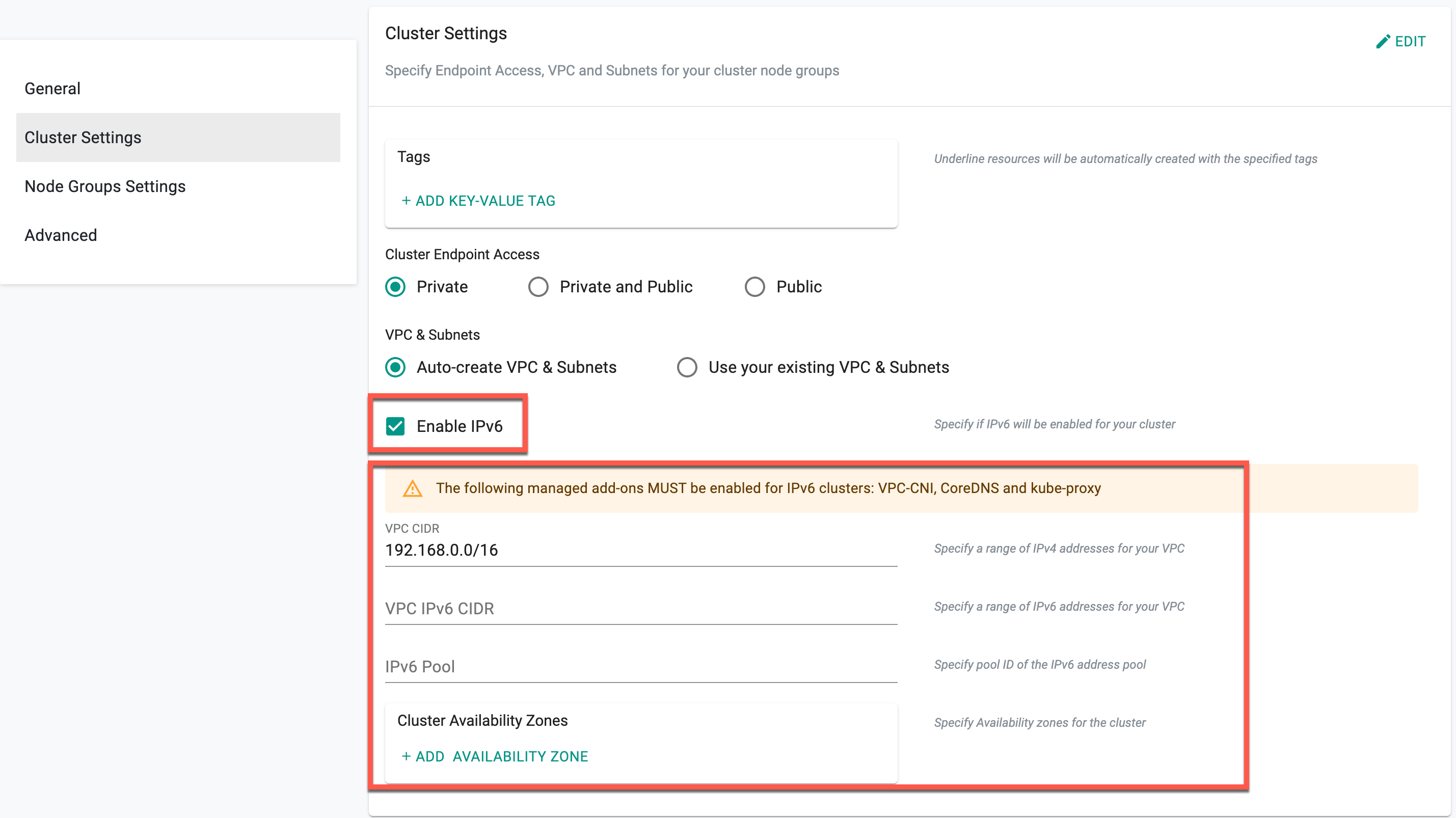 EKS Cluster Settings