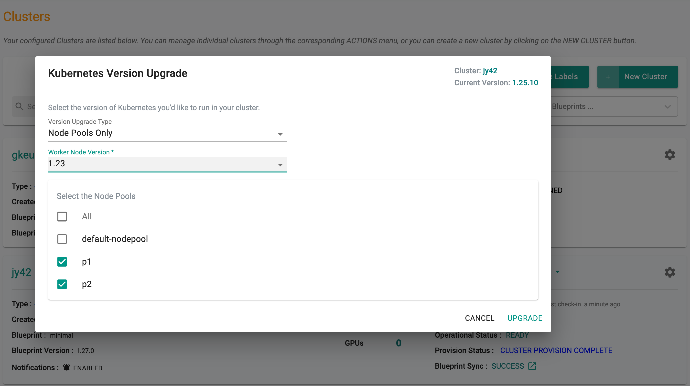 Select Upgrade Cluster