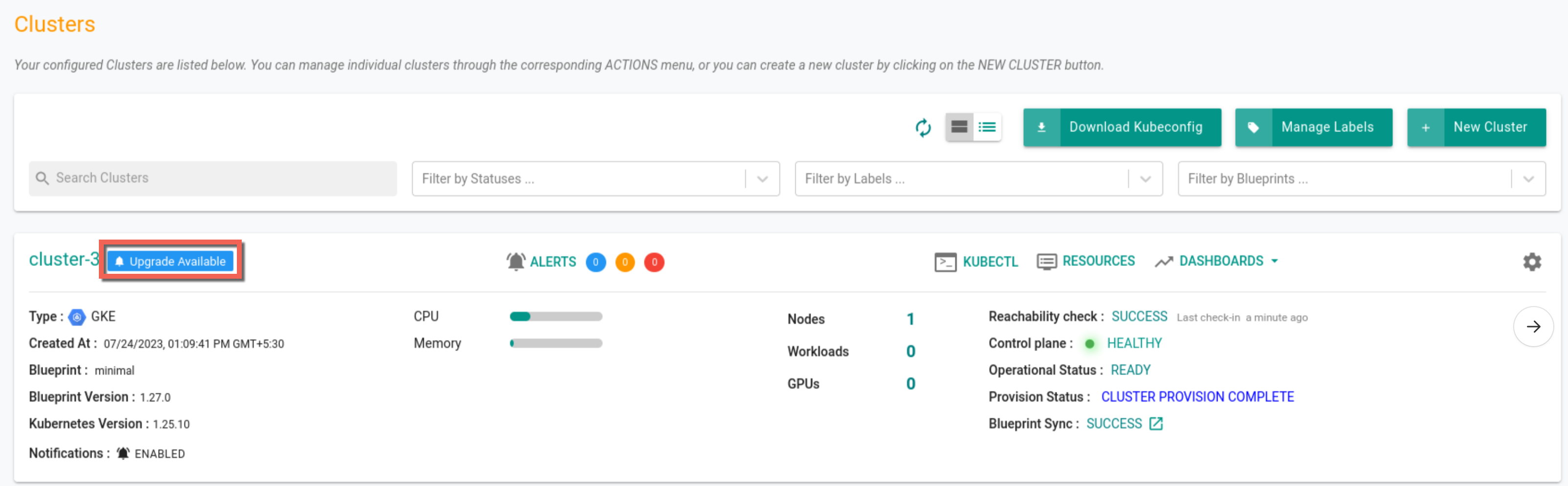 Select Upgrade Cluster