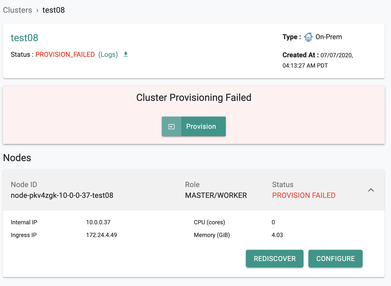 Provisioning Failure