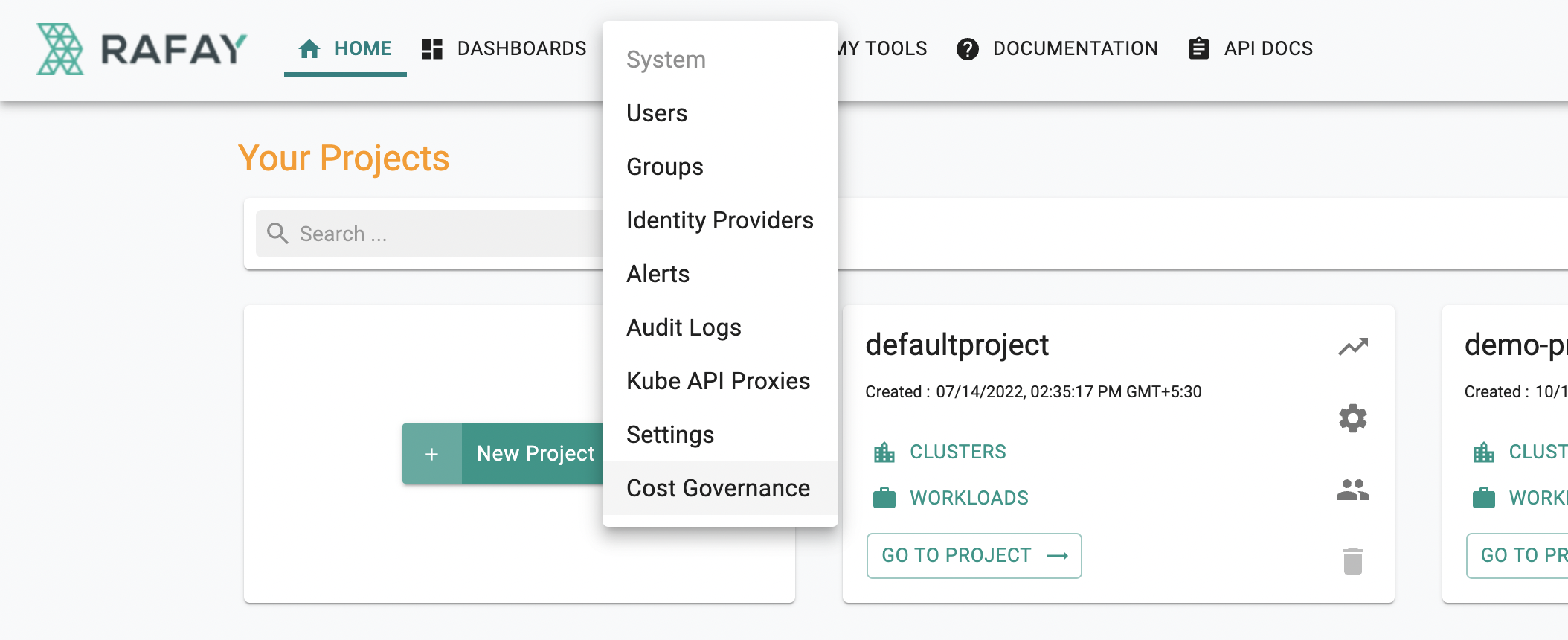 Cost Governance Menu