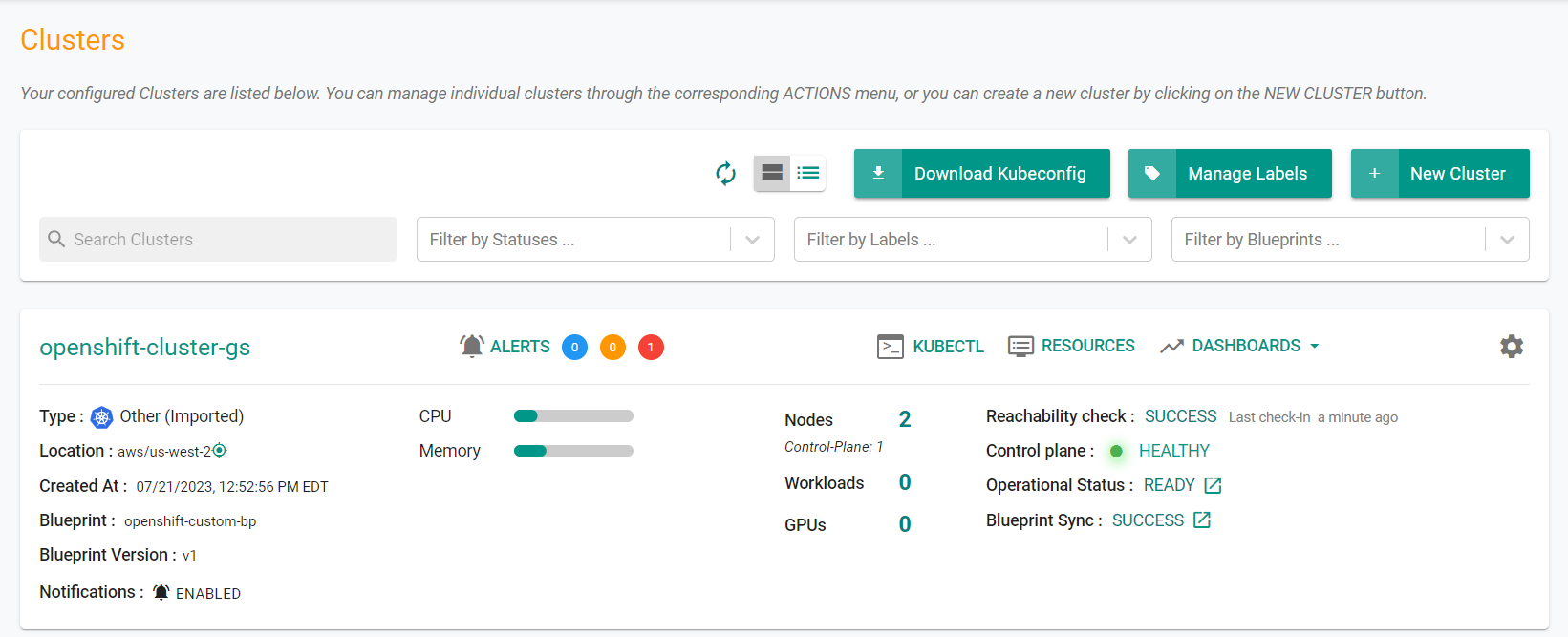 Cluster Dashboard