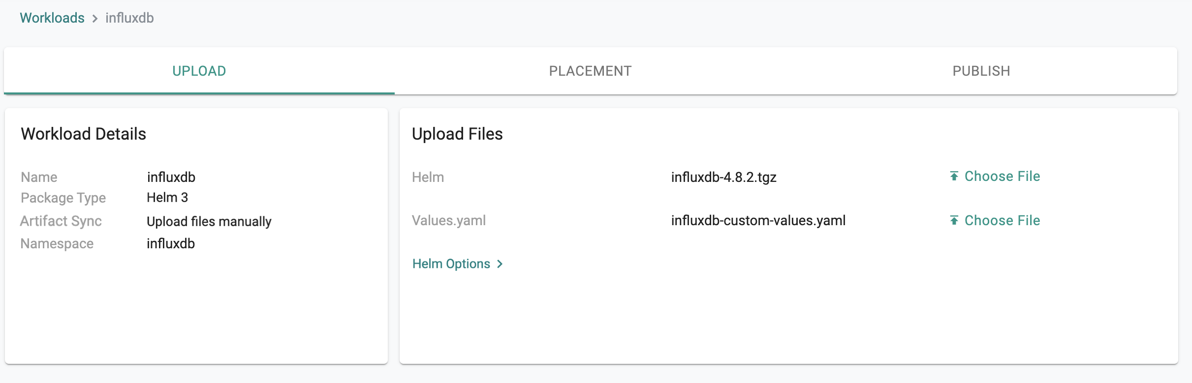 Create influxdb workload