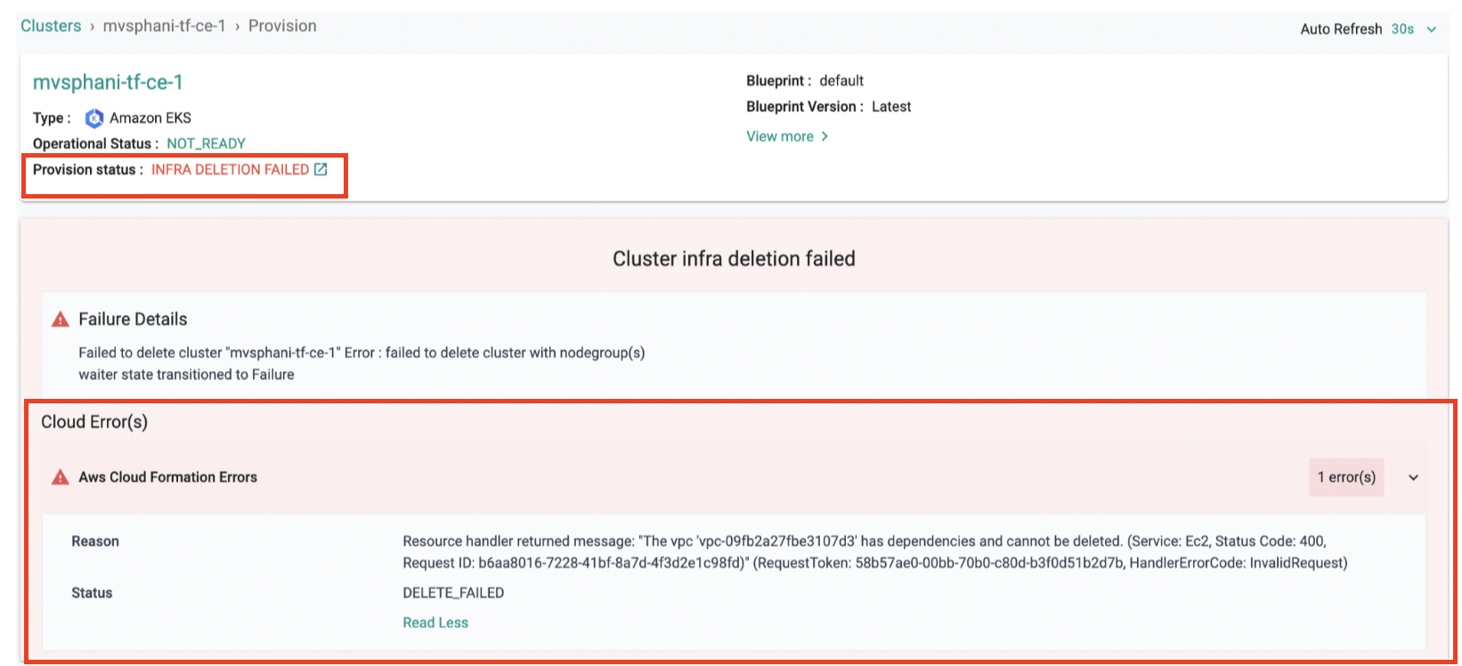 cluster delete error