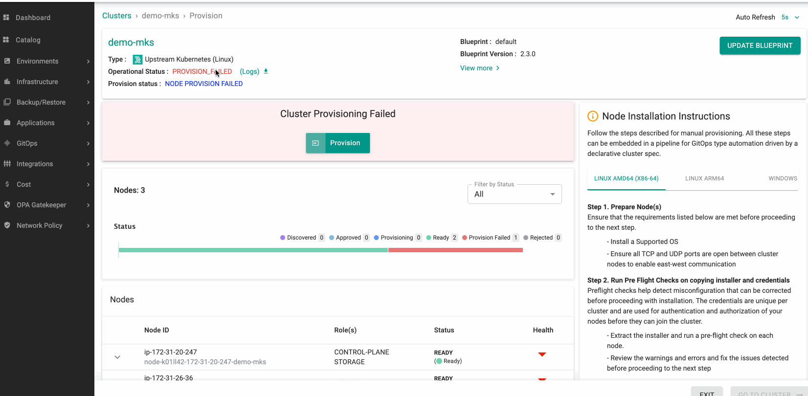 provision failed node