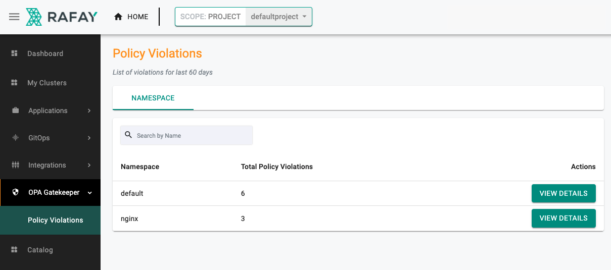 Violations for Namespace Admins