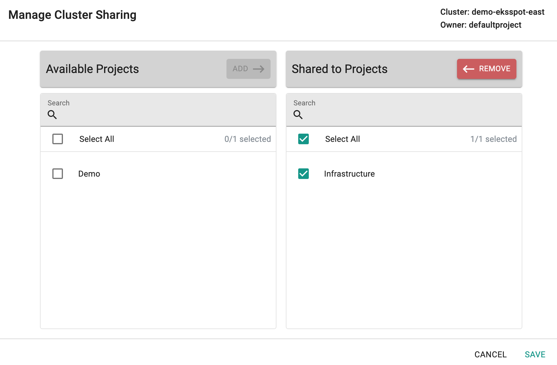 Manage Cluster Sharing