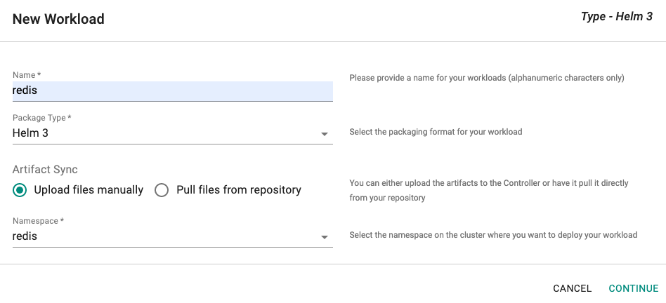 Create Helm Workload-Upload